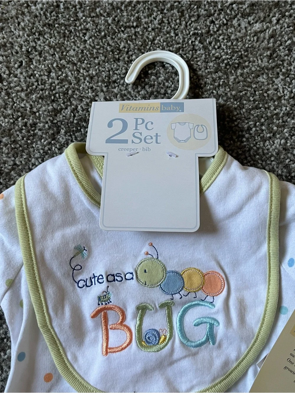 Vitamins Baby 2 Pc Set White Polka Dot One-Piece with Green Trim and Bib (3M)